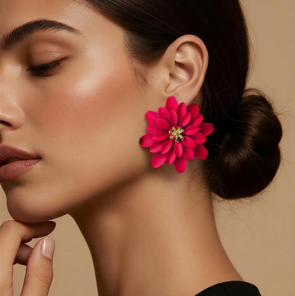 Hot Pink Chrysanthemum Flower Stud Earrings Bold Floral Statement Garden Glam